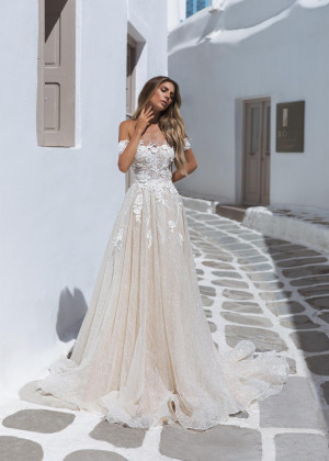 Off Shoulder Beaded Ivory Lace Shimmery Tulle Wedding Dress